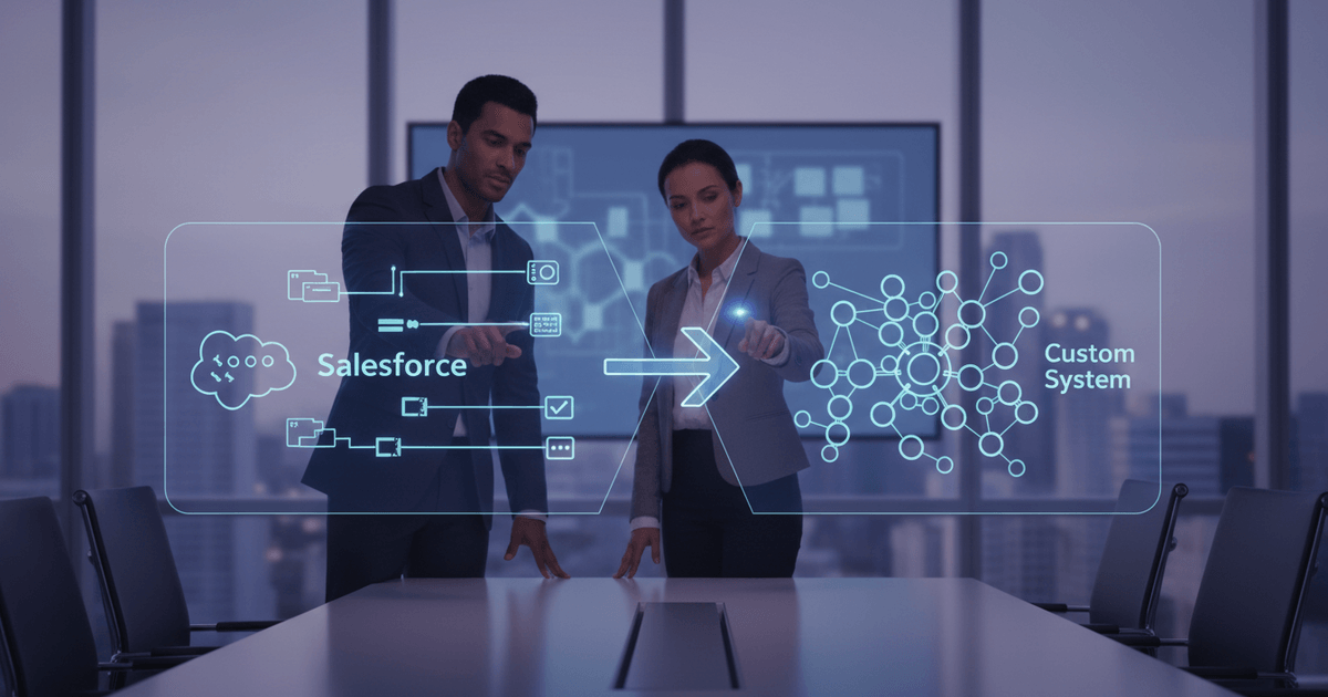 business team discussing CRM data migration from Salesforce to custom system with charts and laptops in modern office