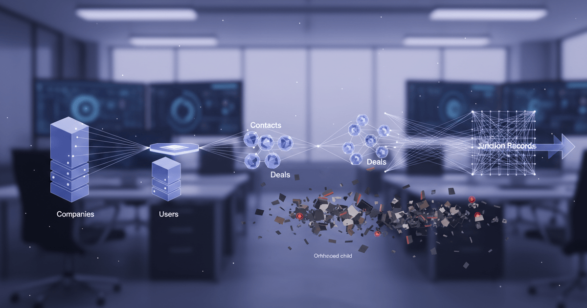 Flowchart illustrating CRM data migration from Salesforce to custom system with sequential data loading steps