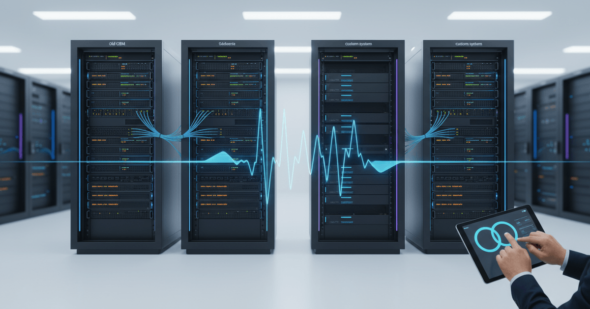 Two computer screens showing old and new CRM interfaces side by side during CRM data migration from Salesforce to custom system