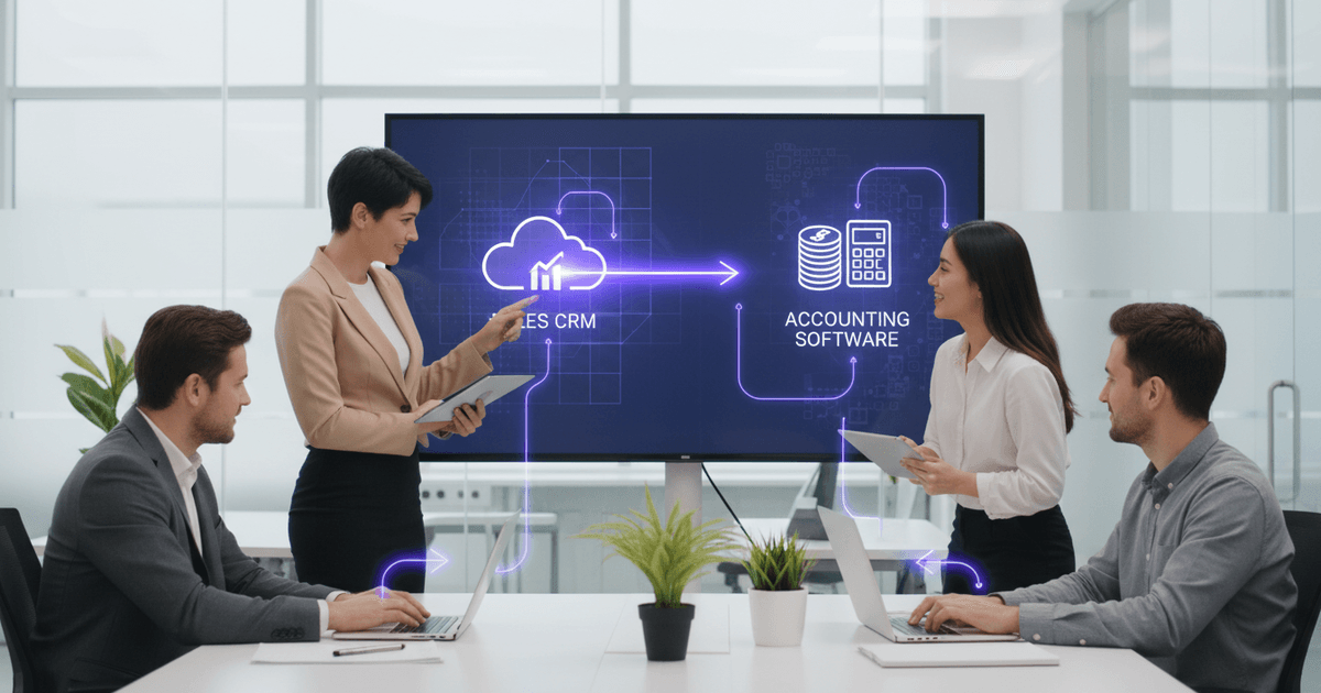 abstract illustration of data flowing one-way from CRM software to accounting software representing CRM software with QuickBooks and Salesforce sync