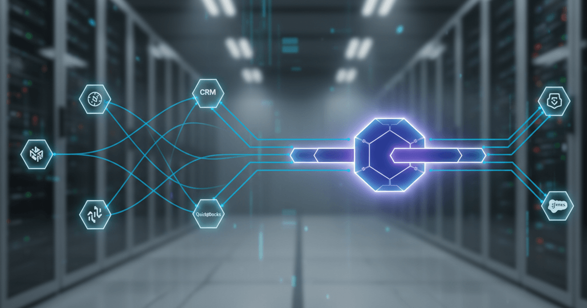abstract illustration of middleware orchestration connecting CRM software with QuickBooks and Salesforce sync through integrated data flows