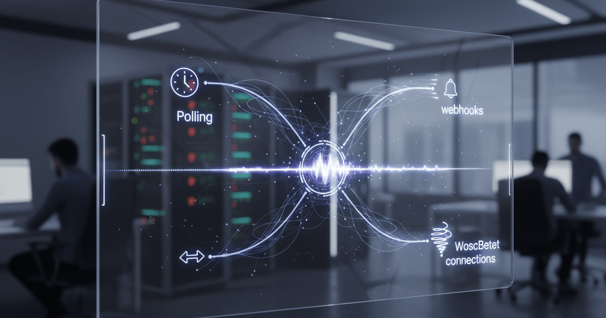 abstract digital dashboard displaying live CRM data streams with REST polling, webhooks, and WebSocket icons representing CRM performance dashboard development