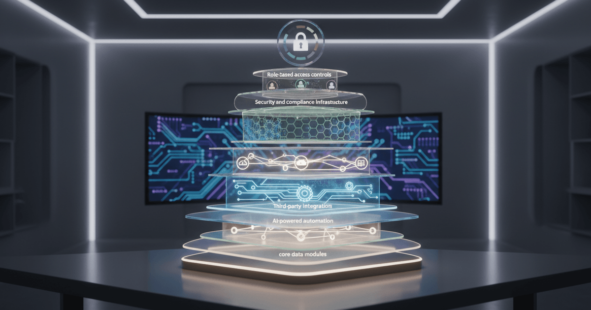 layered diagram illustrating core data modules, AI automation, integrations, security, and access controls to build a custom CRM system