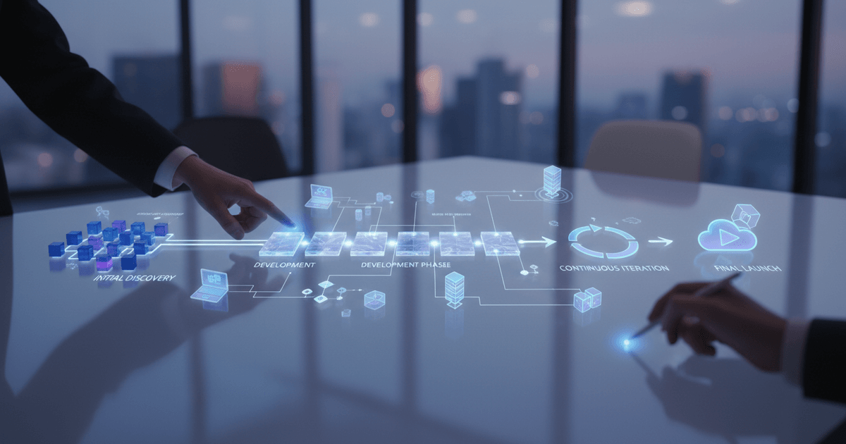 flowchart illustrating four phases of building a custom CRM system from discovery to launch over several months
