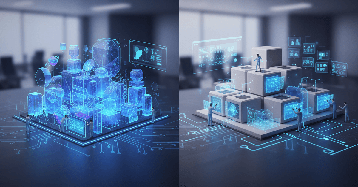 split screen showing bespoke CRM with customized workflow on one side and off-the-shelf CRM with preset modules on the other illustrating bespoke CRM vs off-the-shelf CRM software