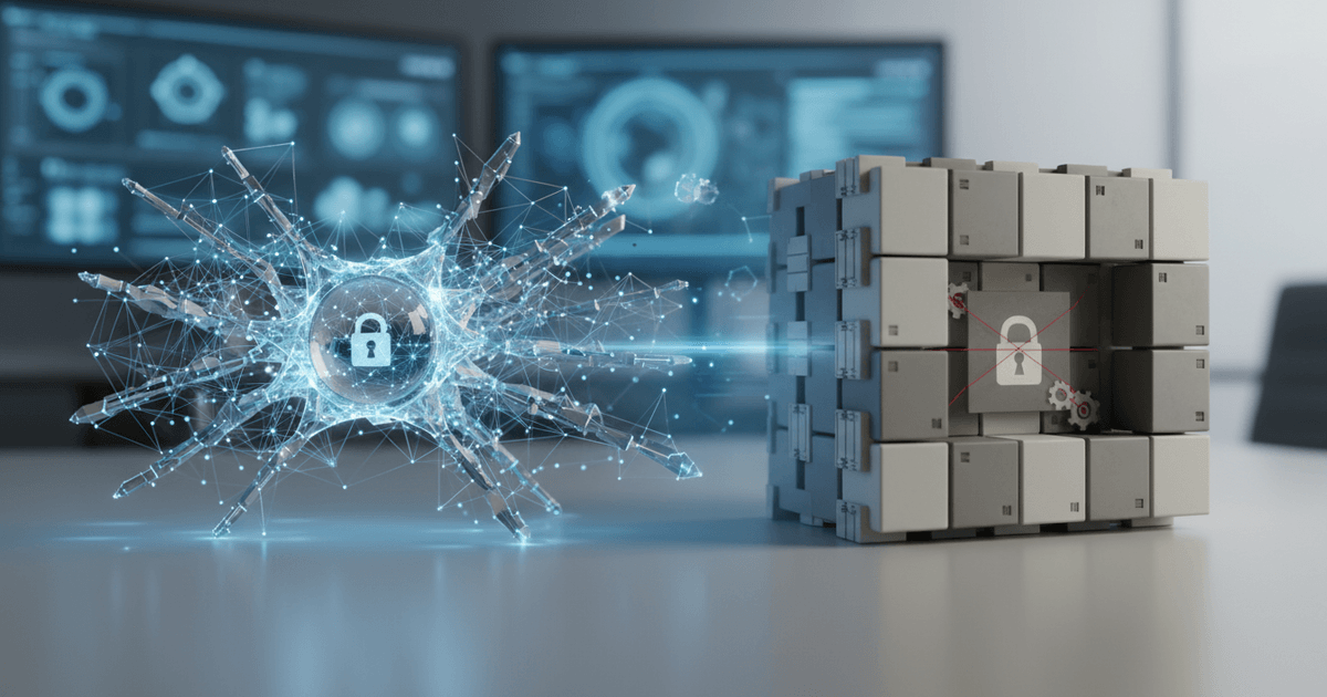 Abstract digital illustration comparing bespoke CRM vs off-the-shelf CRM software with scalability and AI integration icons