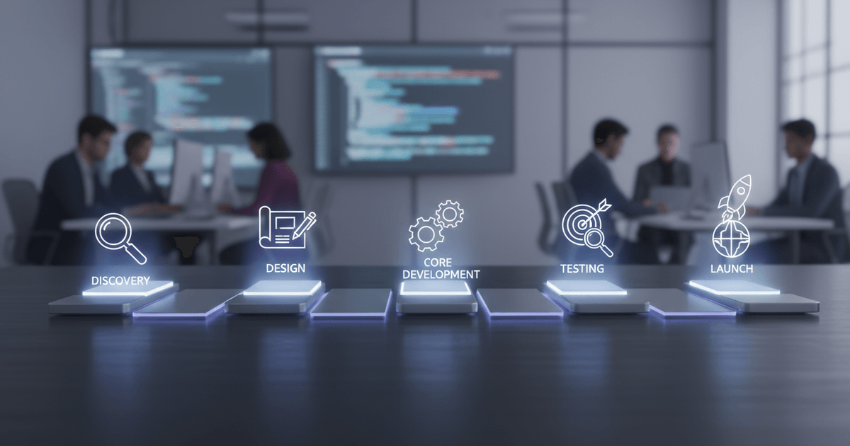 flowchart illustrating CRM development timeline and milestones across discovery, design, development, testing, and launch stages