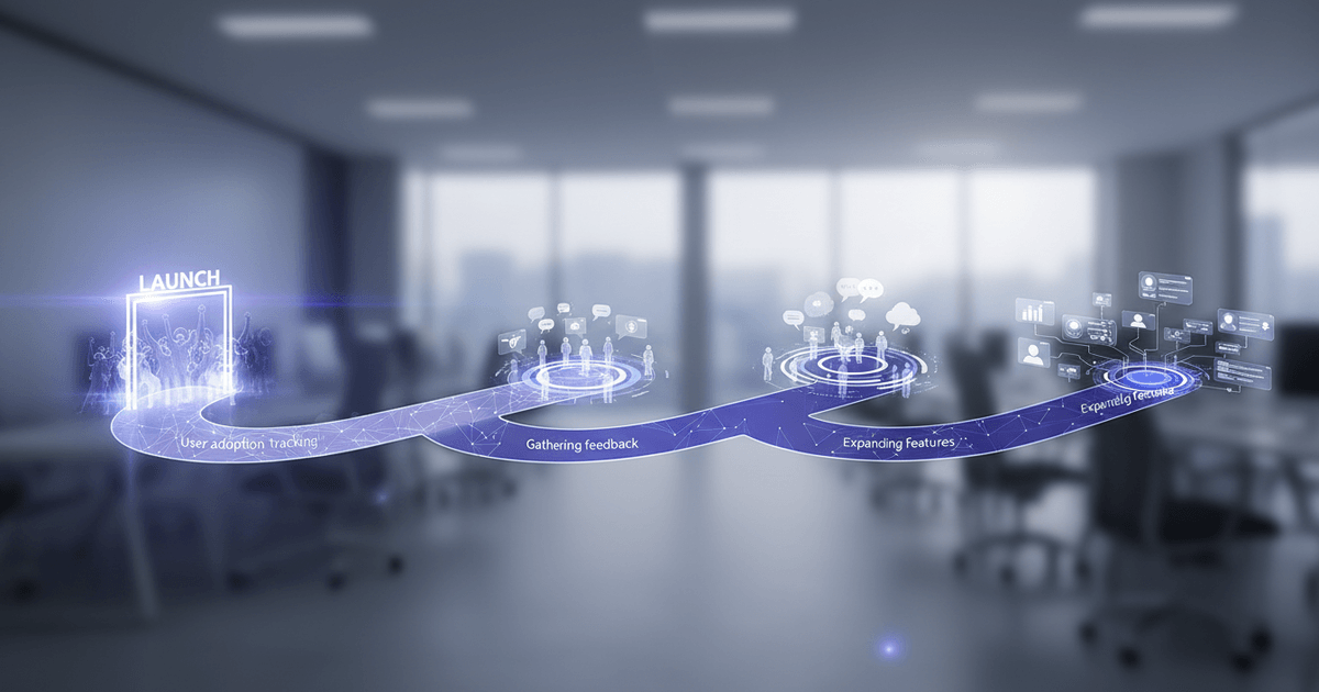 AI-generated timeline infographic illustrating CRM development timeline and milestones with phases after launch