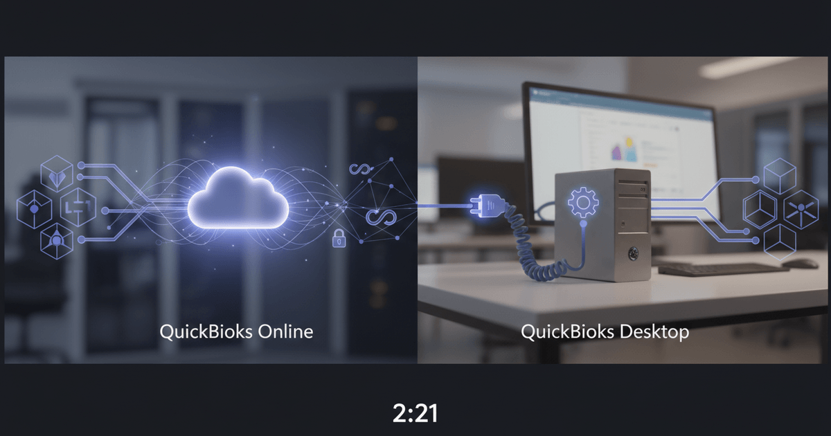 digital illustration showing cloud-based QuickBooks Online integration and local QuickBooks Desktop connection with CRM systems