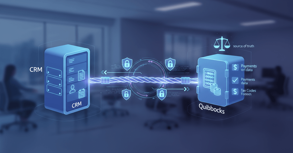 diagram showing data flow between CRM and QuickBooks including contacts, invoices, payments, and products
