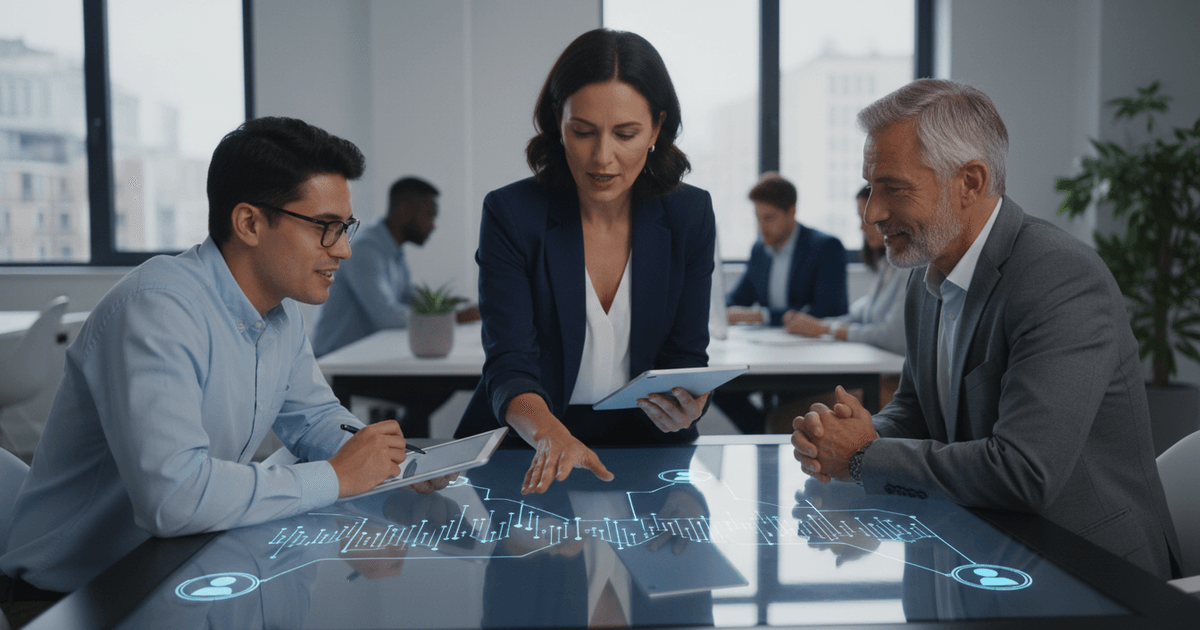 team of sales representatives collaborating with digital client interaction history tracking software on multiple screens