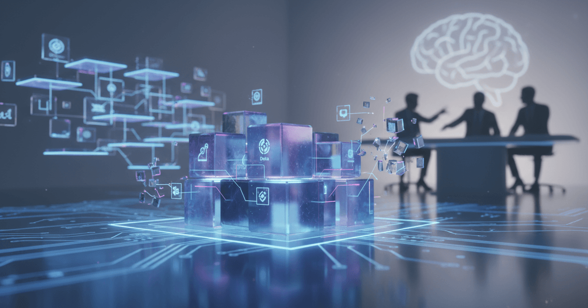 abstract digital interface showing interconnected icons representing CRM platform development and tech stack components